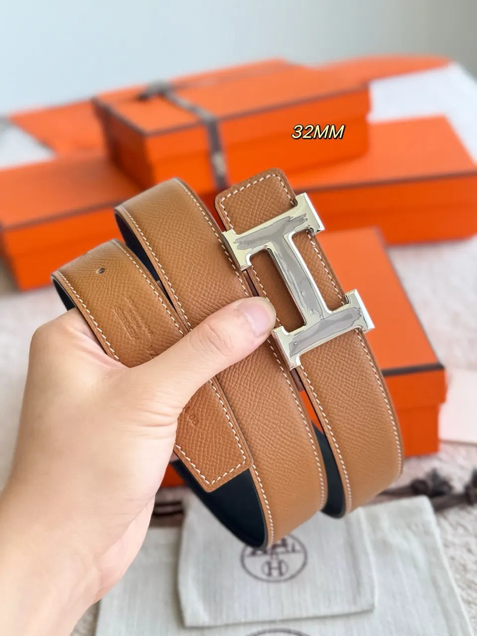Hermes Tan & Navy Reversible Belt - Hình 3