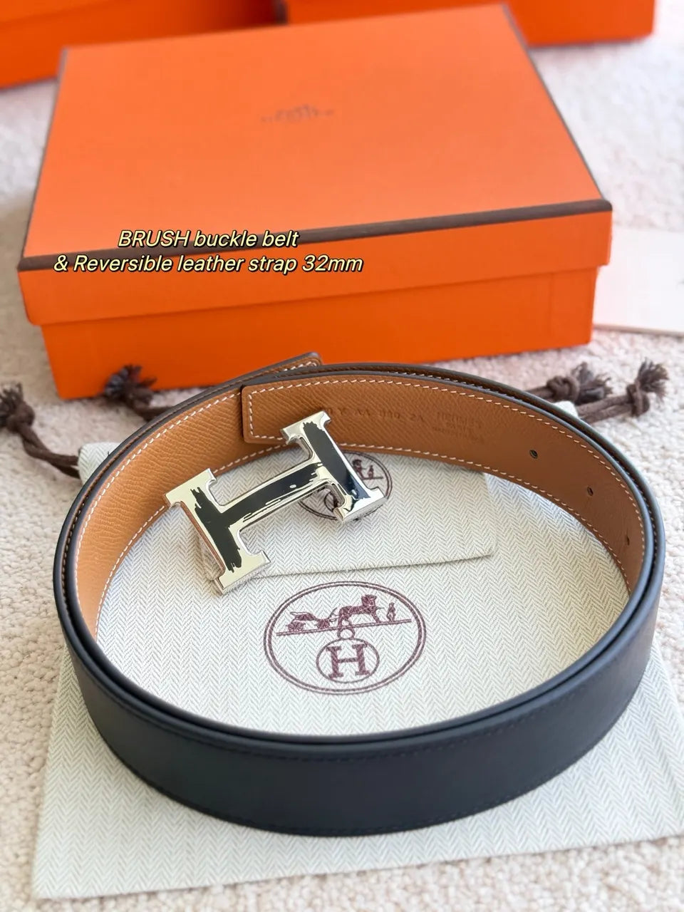 Hermes Tan Reversible Leather Belt - Hình 3