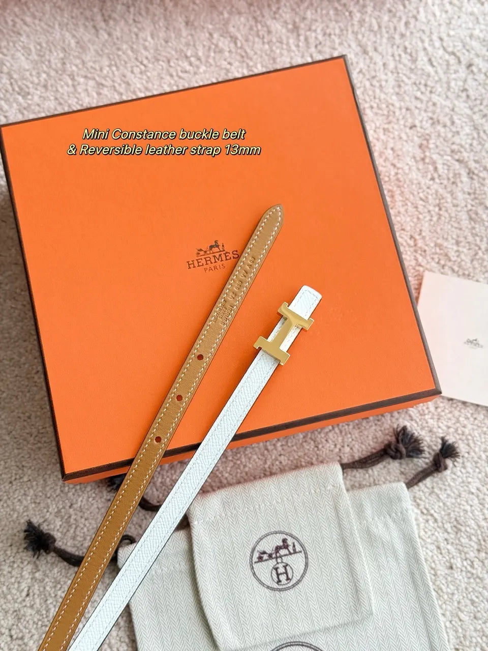 Hermes Gold Buckle Brown/White Reversible Belt - Hình 2