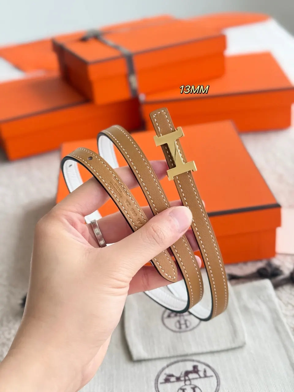Hermes Gold Buckle Brown/White Reversible Belt - Hình 3