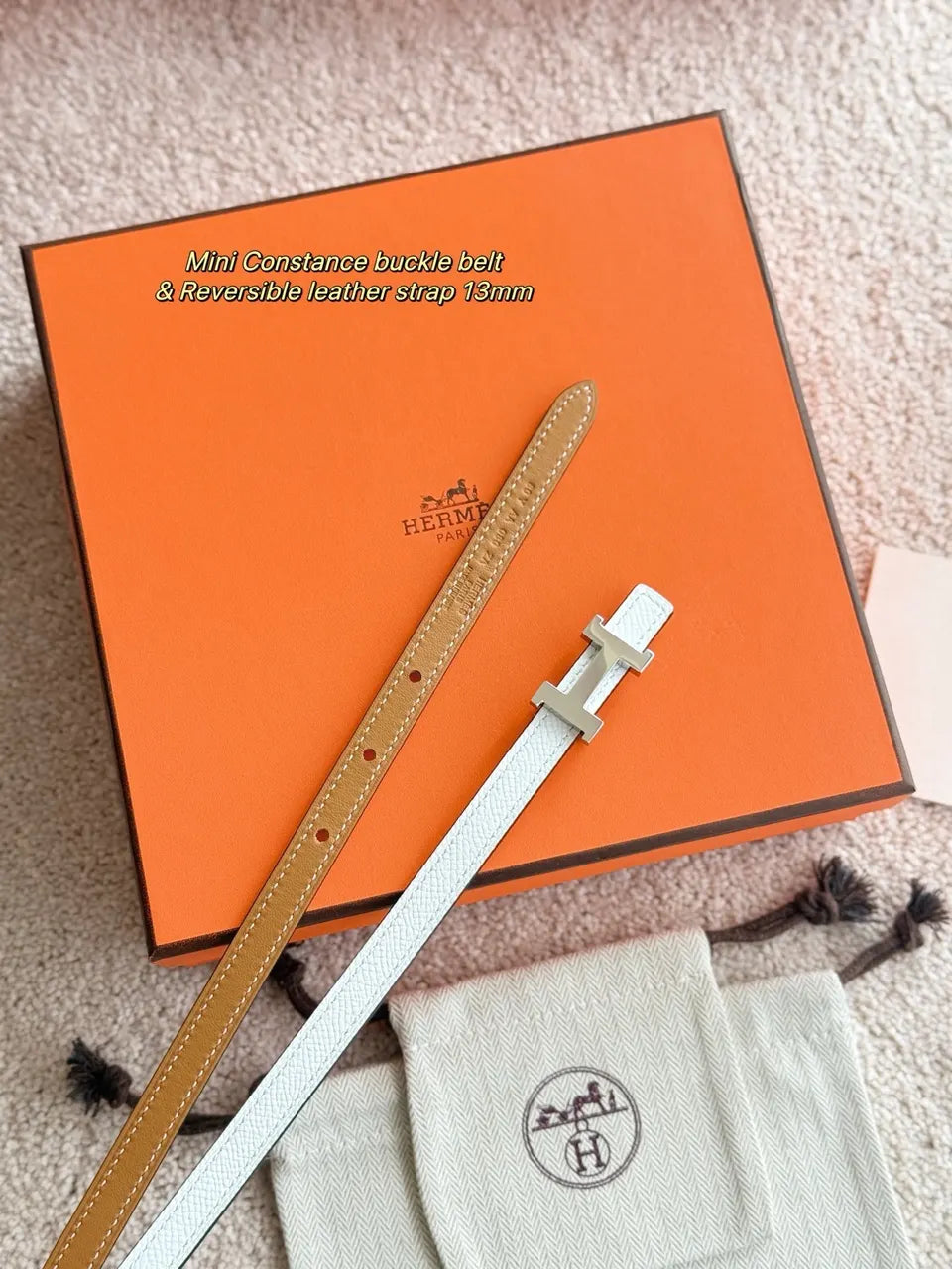 Hermes Tan White Reversible Belt - Hình 2