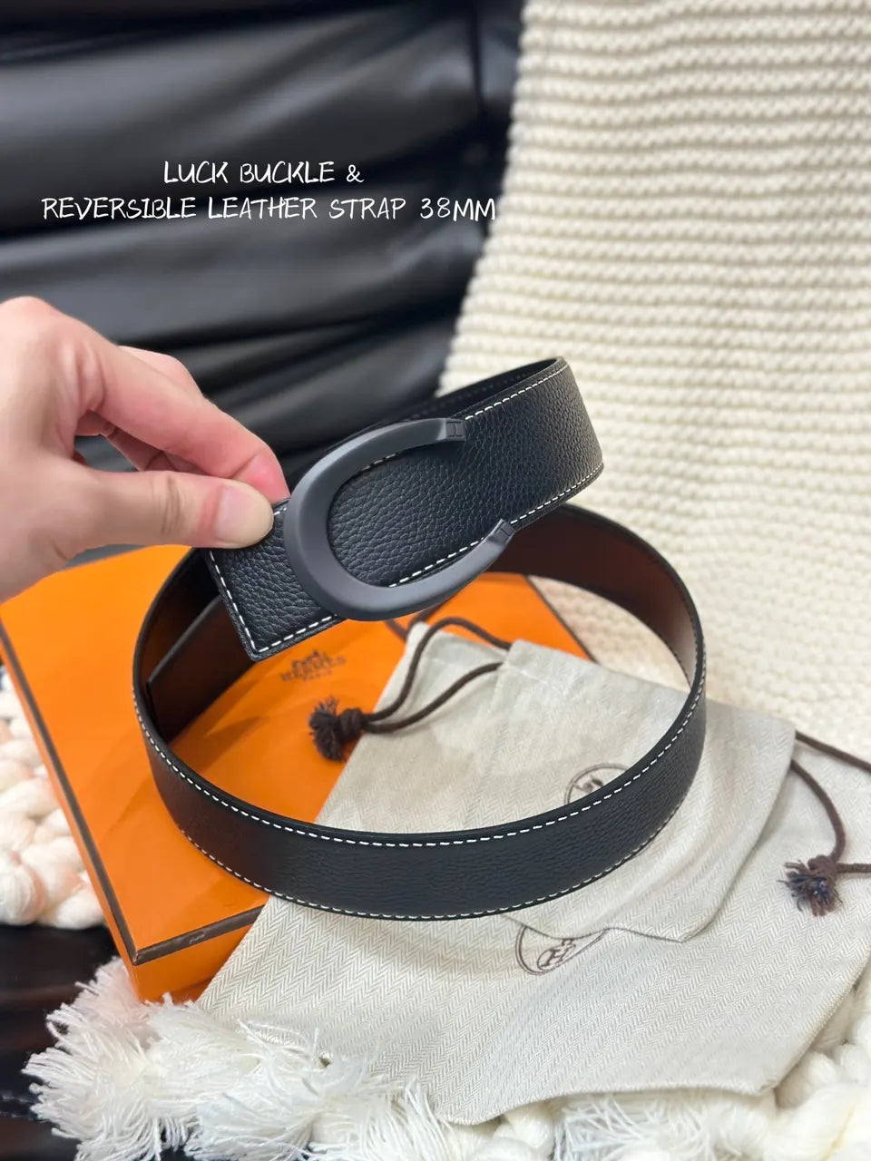 Hermes Black Leather Luck Buckle Belt