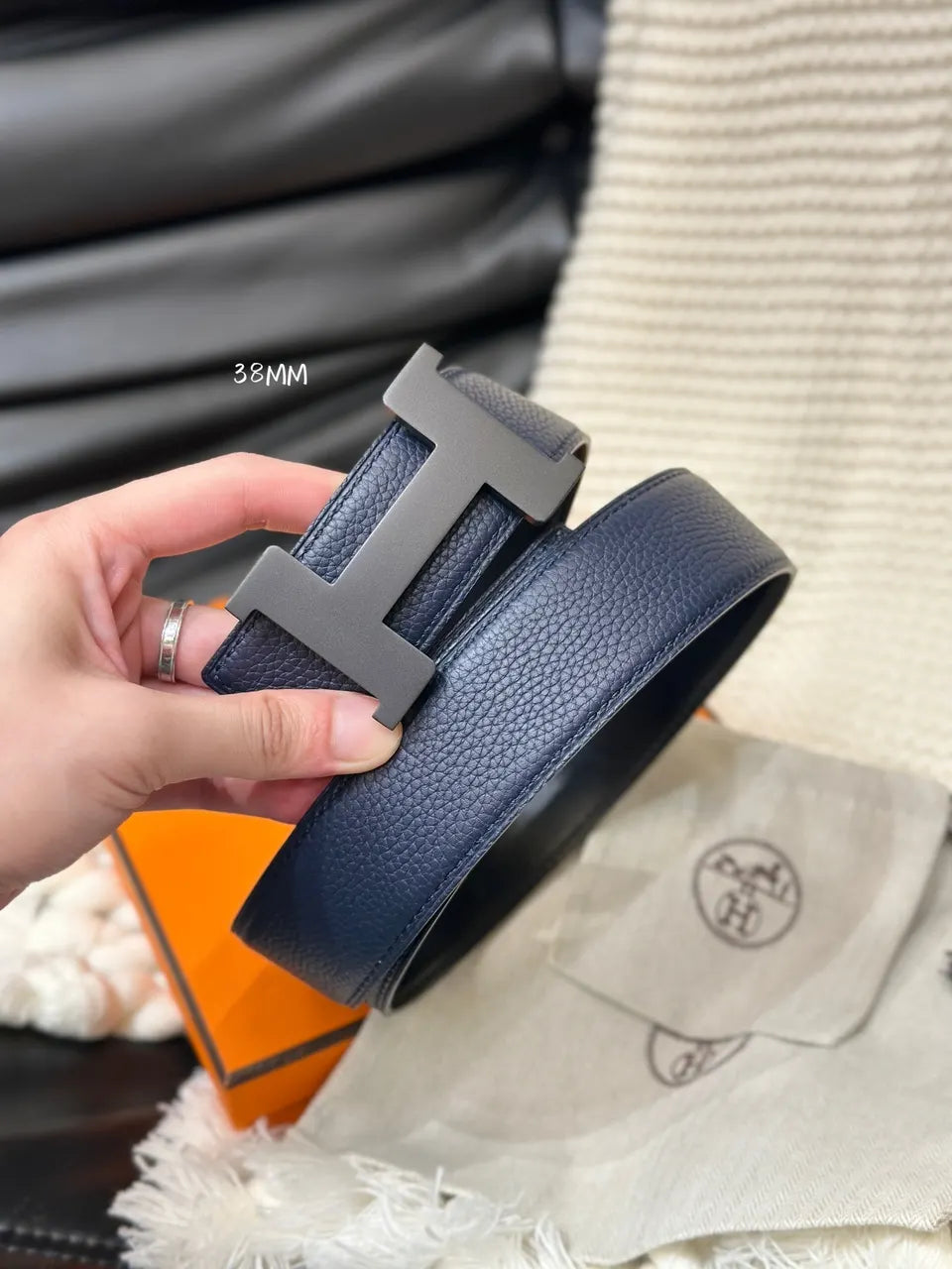 navy Hermes Matte Black Buckle Belt - Hình 2
