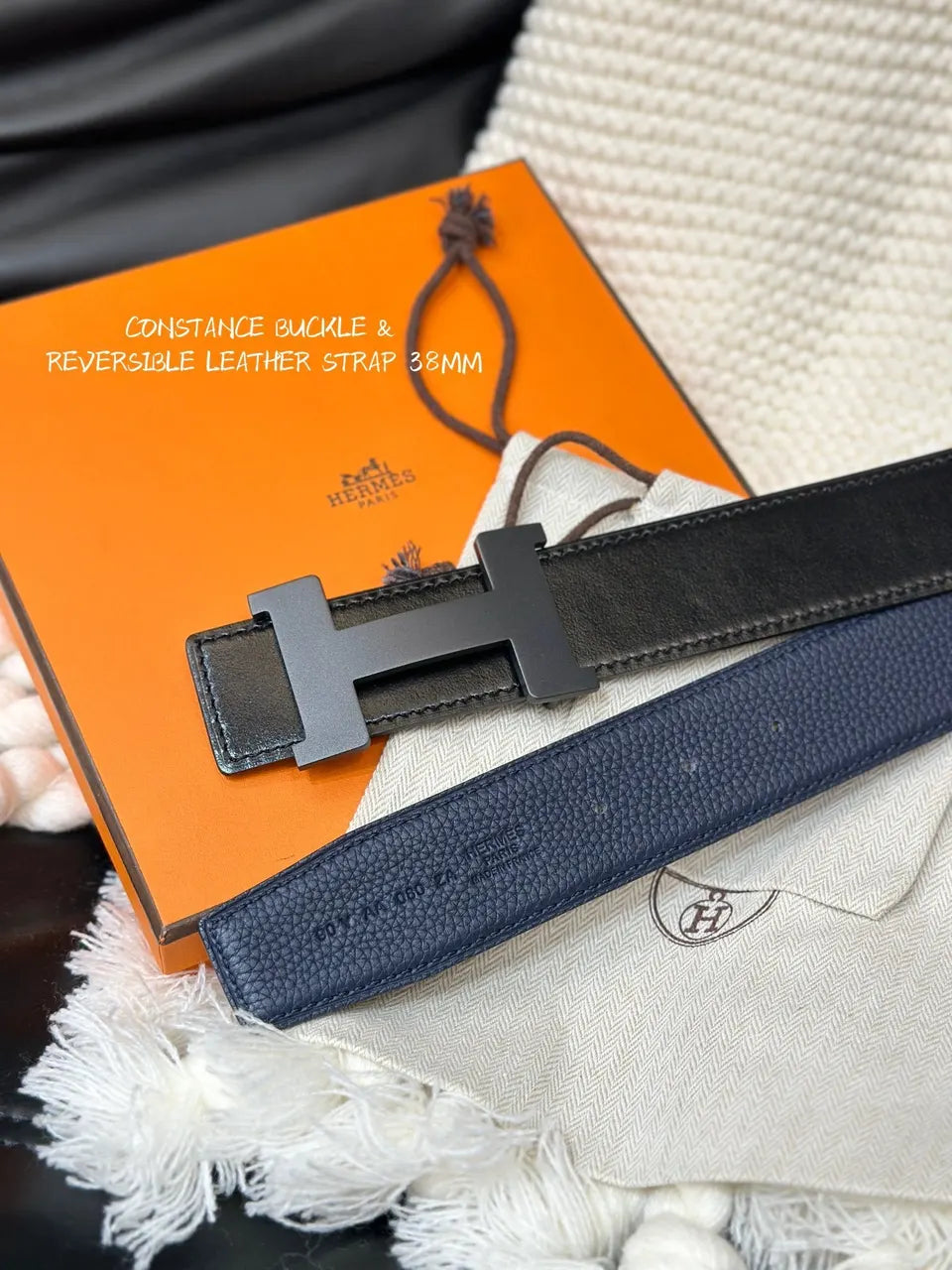 navy Hermes Matte Black Buckle Belt - Hình 3