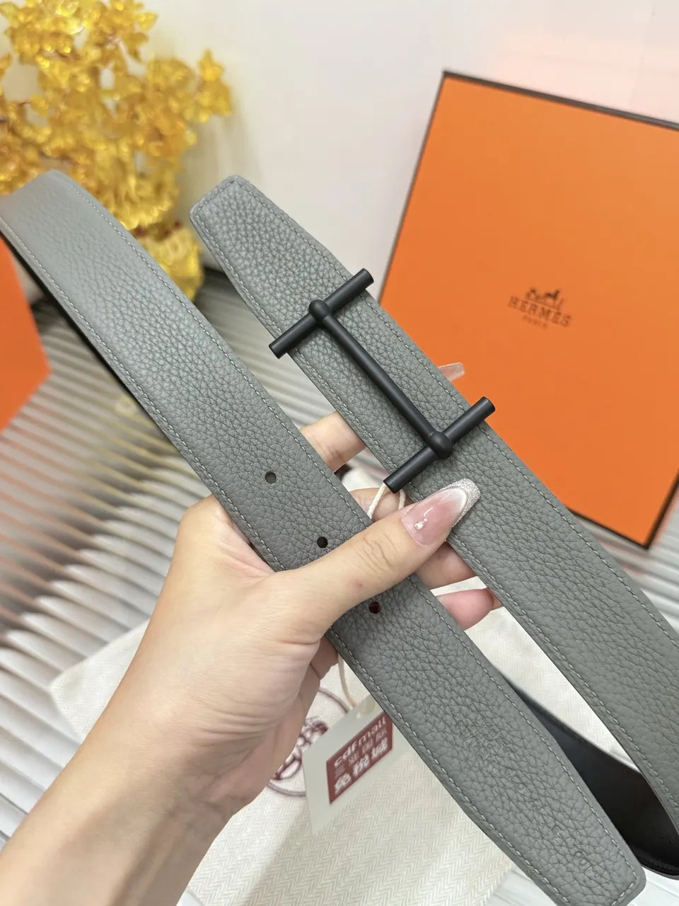 Hermes Grey Textured Leather Belt