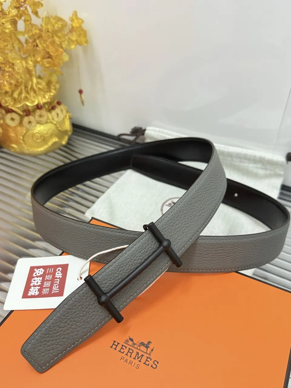 Hermes Grey Textured Leather Belt - Hình 3