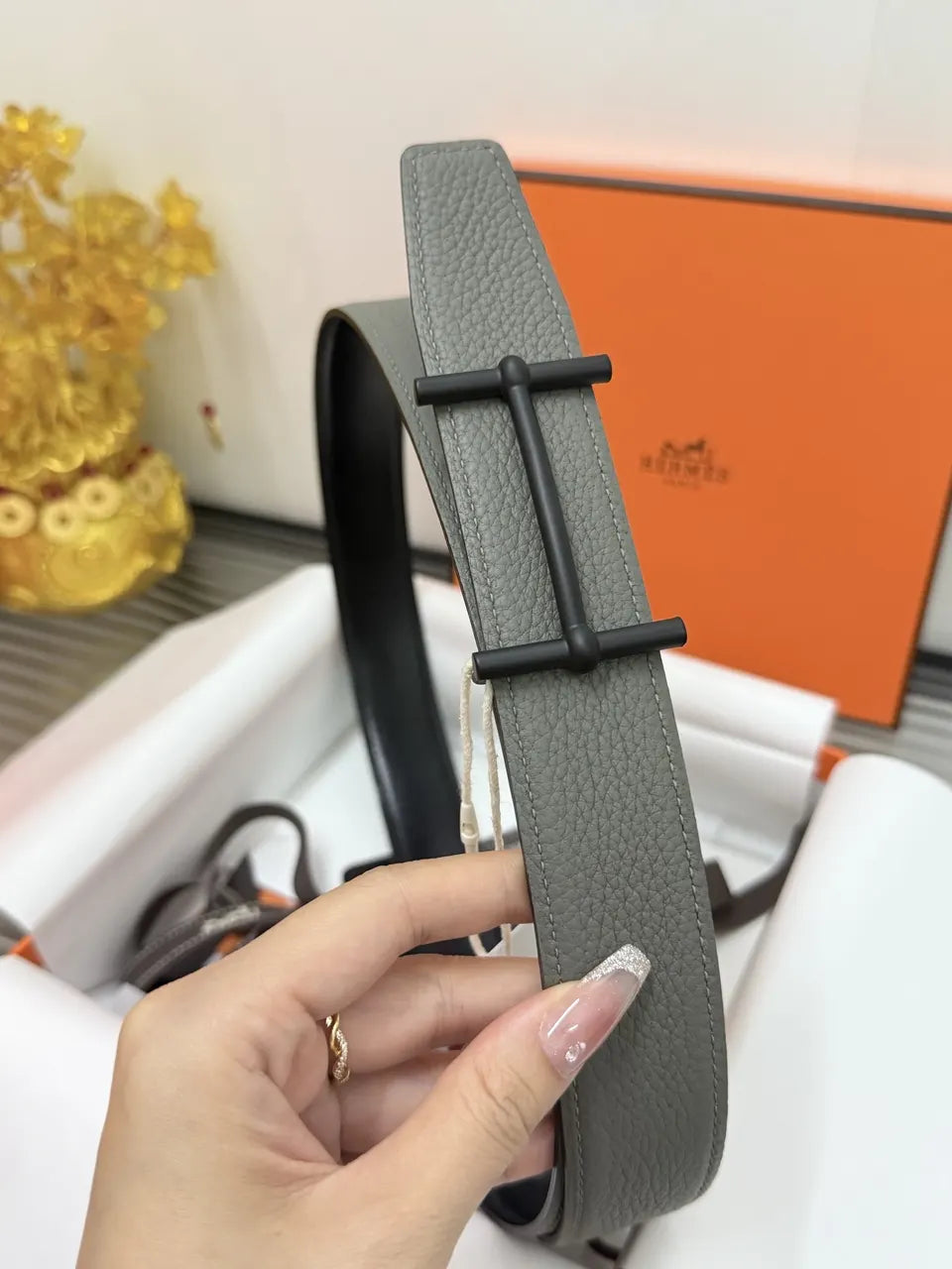 Hermes Grey Textured Leather Belt - Hình 4