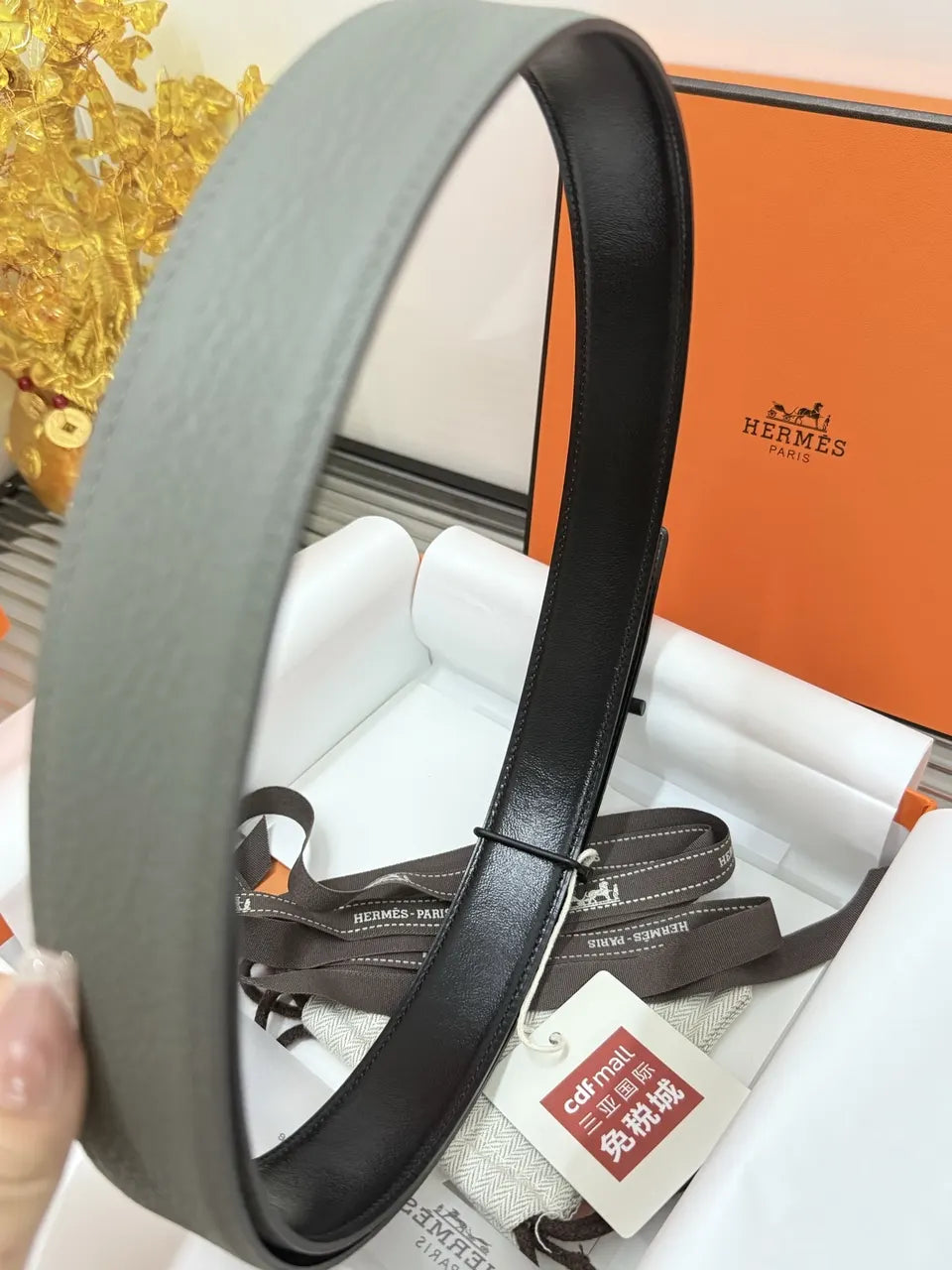 Hermes Grey Textured Leather Belt - Hình 5