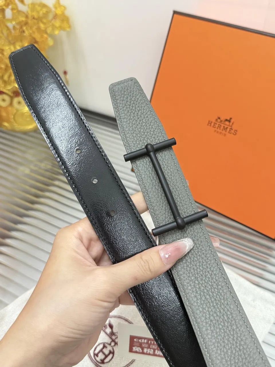 Hermes Grey Textured Leather Belt - Hình 6