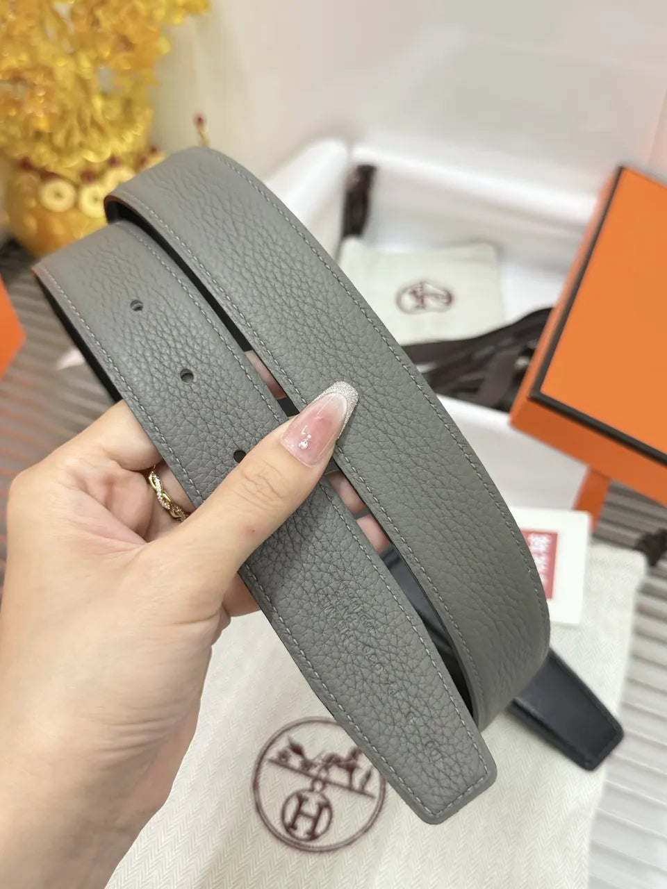 Hermes Grey Textured Leather Belt - Hình 7