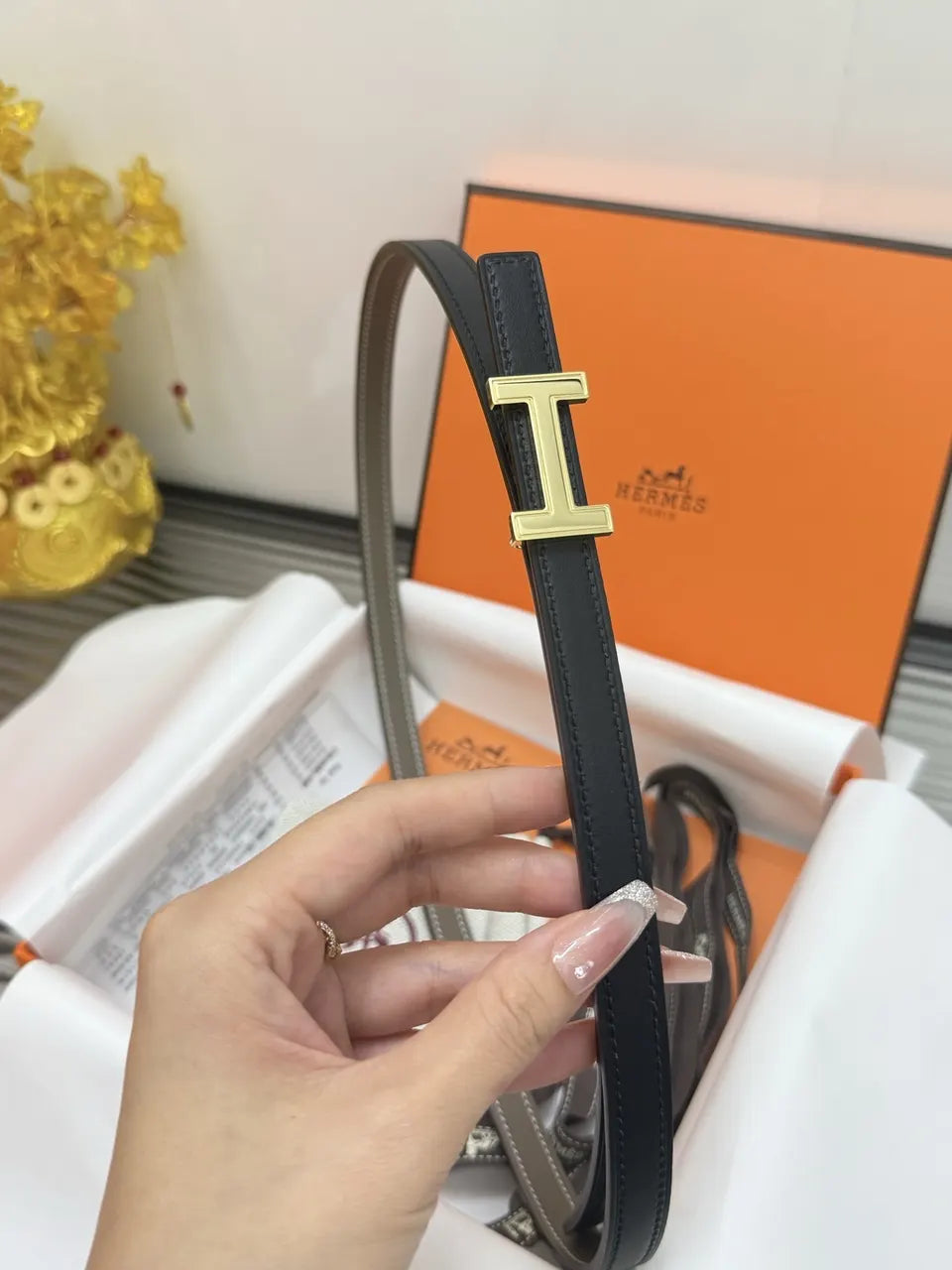 Hermes Skinny Black Reversible Belt - Hình 3