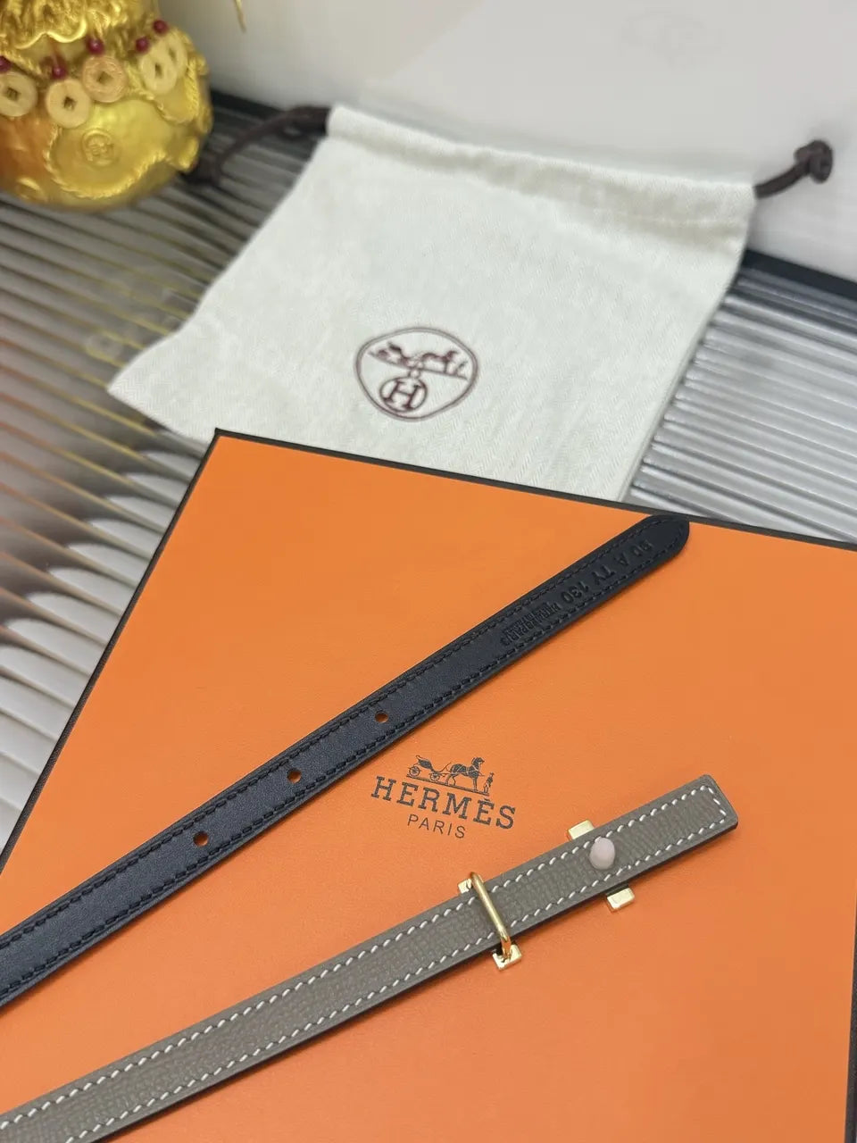 Hermes Skinny Black Reversible Belt - Hình 4