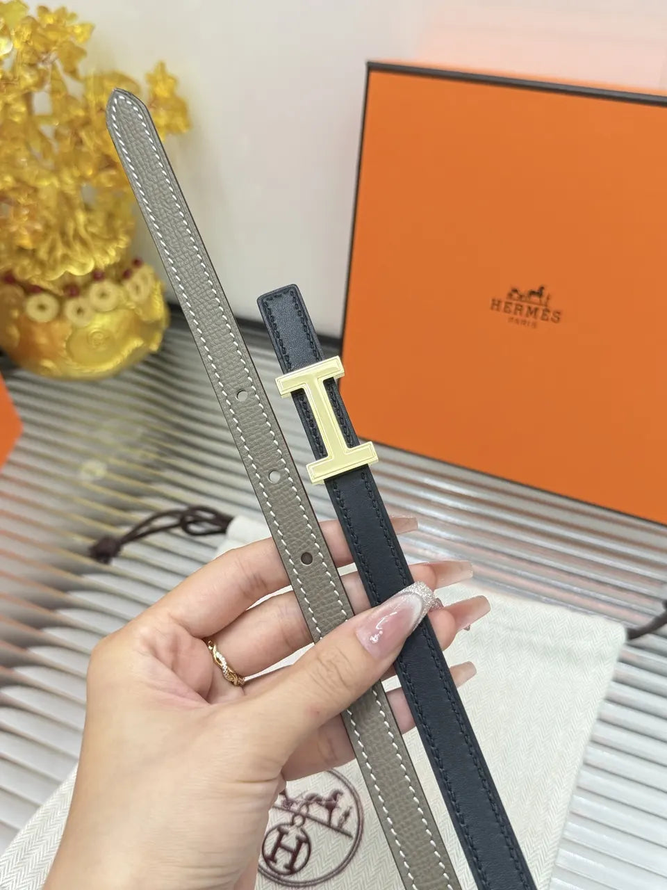 Hermes Skinny Black Reversible Belt - Hình 5