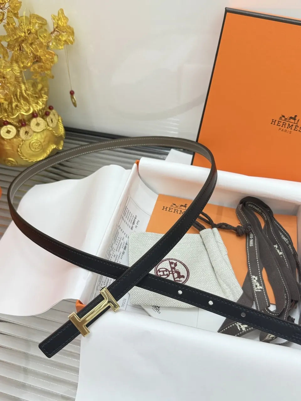 Hermes Skinny Black Reversible Belt - Hình 6