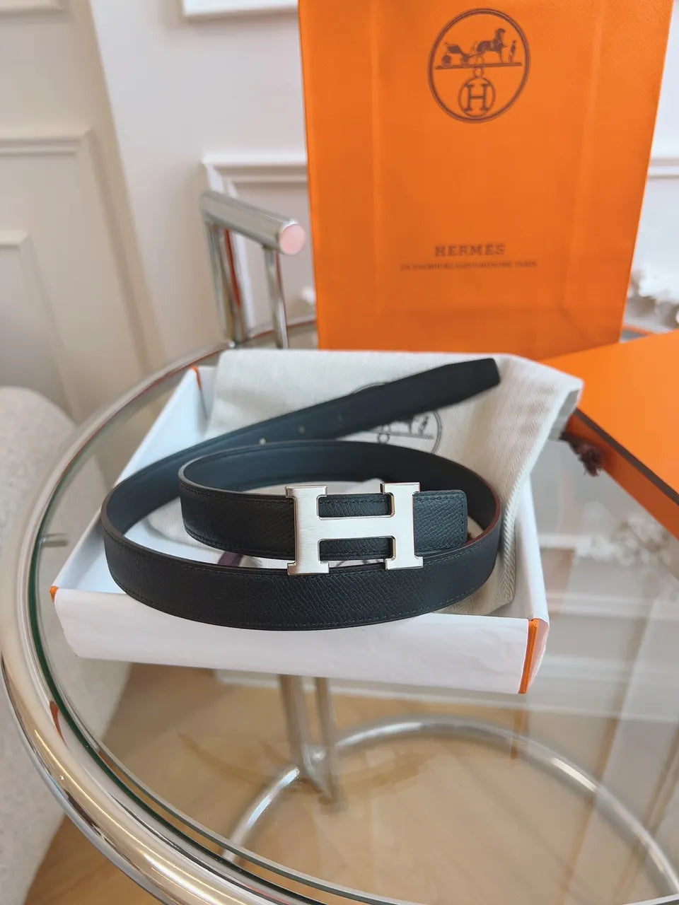 Hermes Matte Black Leather Belt silver buckle