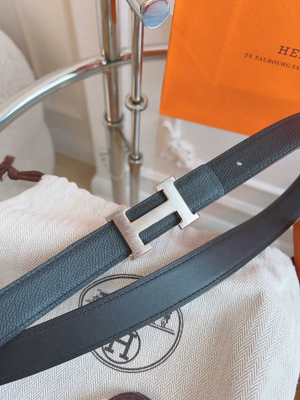 Hermes Matte Black Leather Belt silver buckle - Hình 4