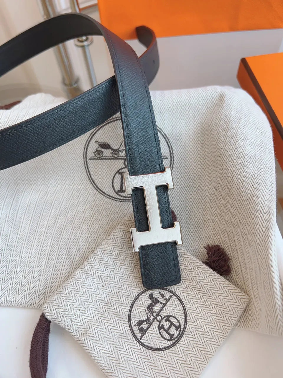 Hermes Matte Black Leather Belt silver buckle - Hình 5