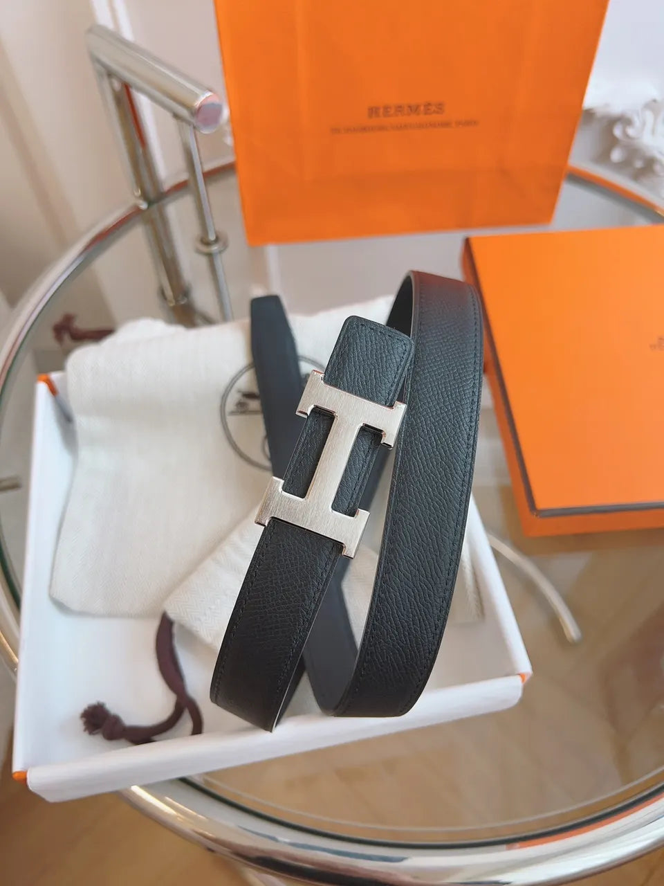 Hermes Matte Black Leather Belt silver buckle - Hình 8