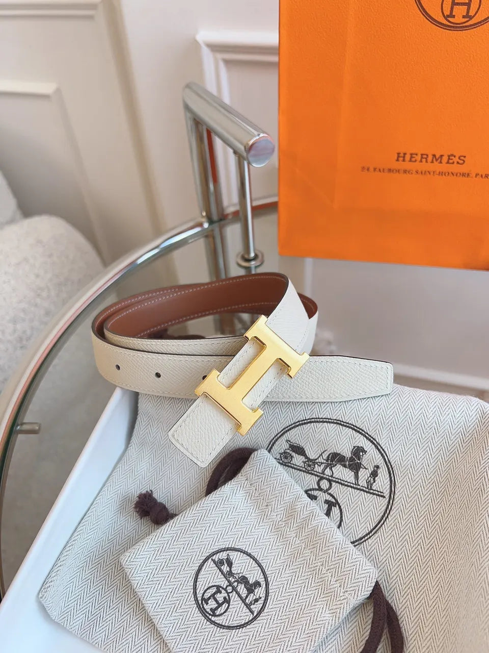 Hermes White Leather Belt Gold H
