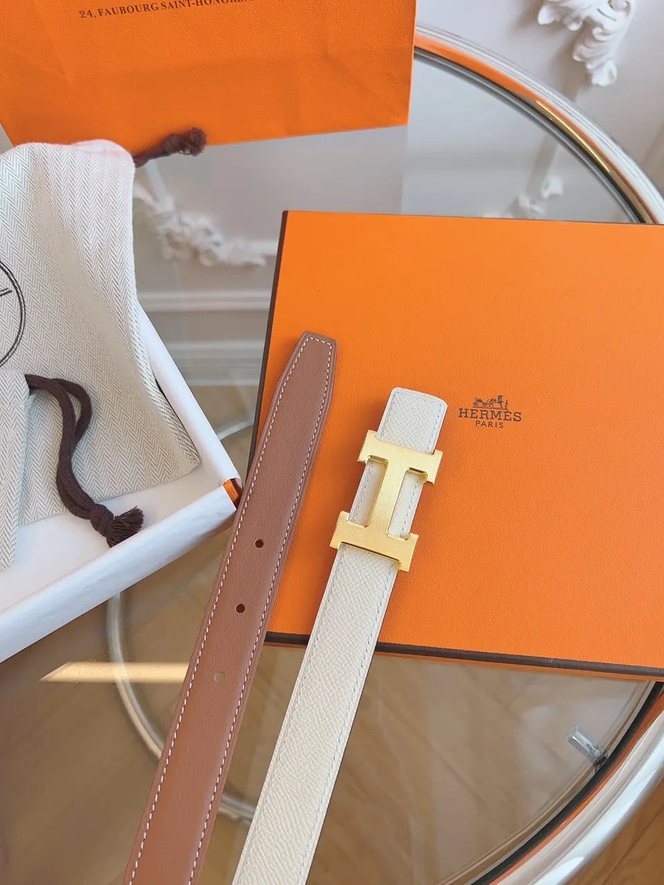 Hermes White Leather Belt Gold H - Hình 2