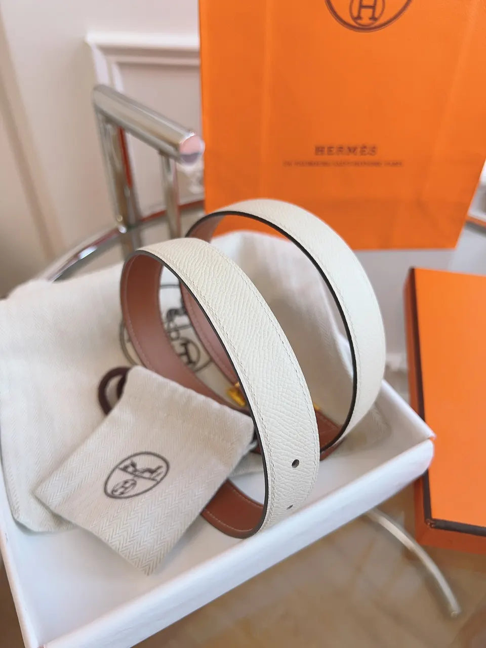 Hermes White Leather Belt Gold H - Hình 3
