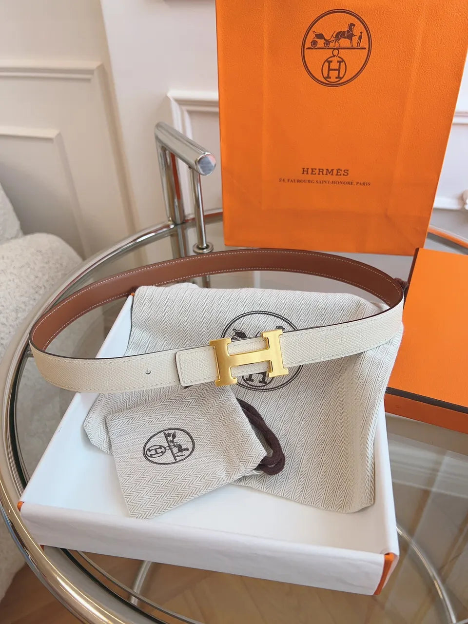 Hermes White Leather Belt Gold H - Hình 4