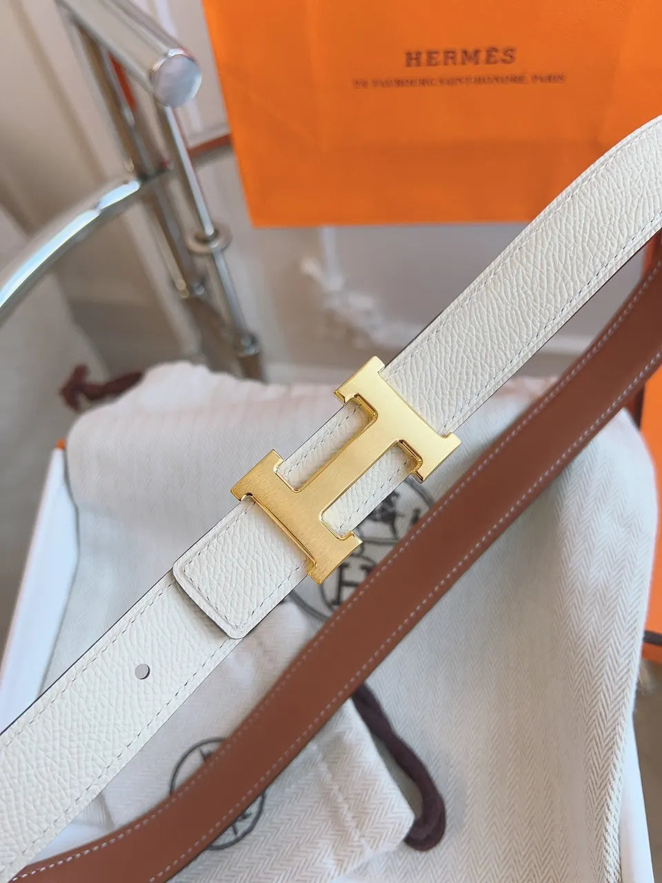 Hermes White Leather Belt Gold H - Hình 5