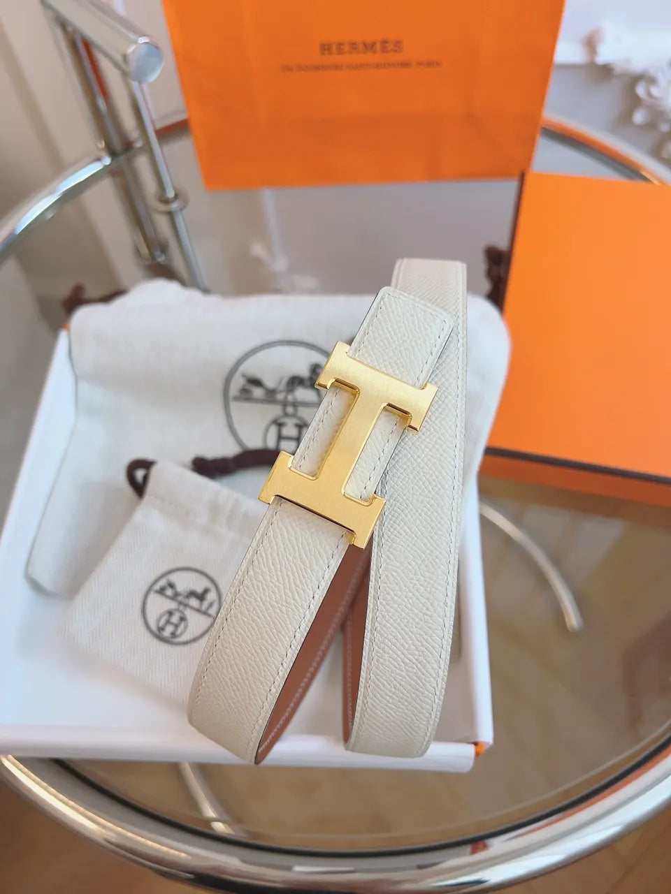 Hermes White Leather Belt Gold H - Hình 6