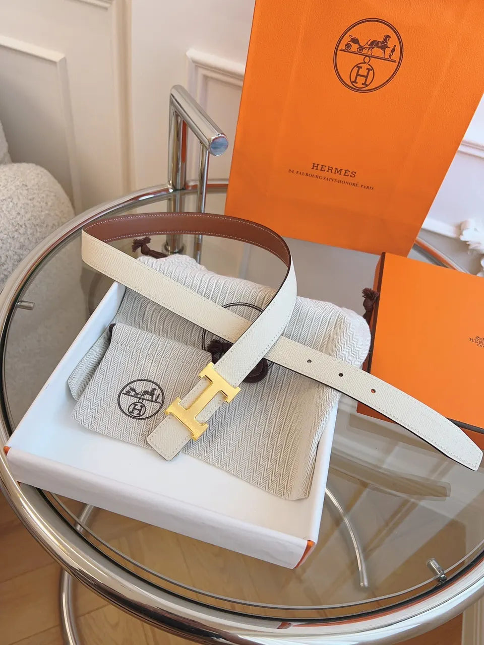 Hermes White Leather Belt Gold H - Hình 7