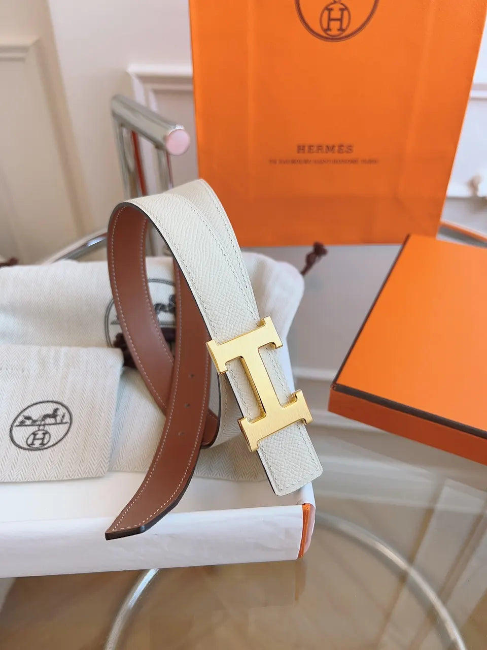 Hermes White Leather Belt Gold H - Hình 8