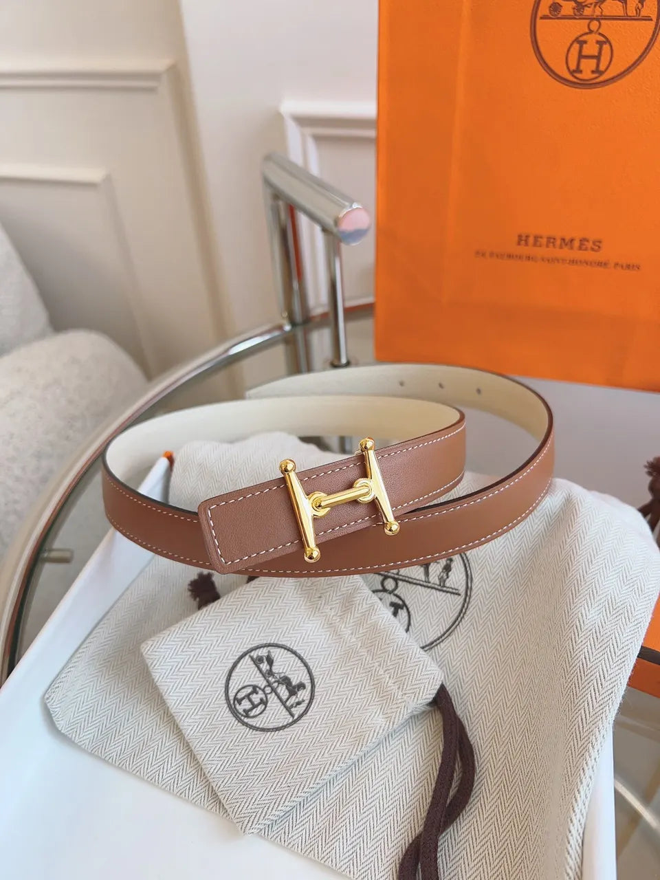 reversible Hermes Gold Buckle Tan Leather Belt