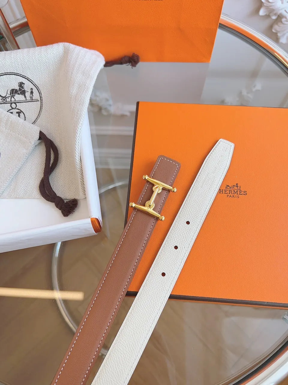reversible Hermes Gold Buckle Tan Leather Belt - Hình 2