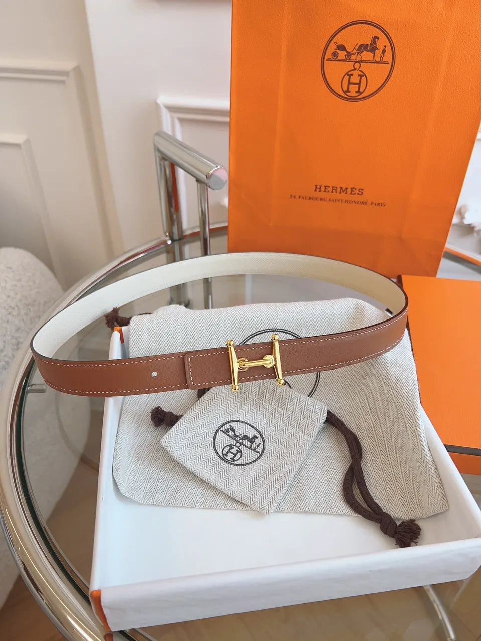 reversible Hermes Gold Buckle Tan Leather Belt - Hình 4