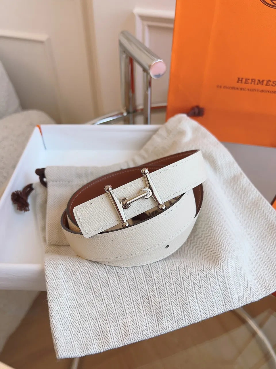 Hermes White Leather Belt Silver Buckle