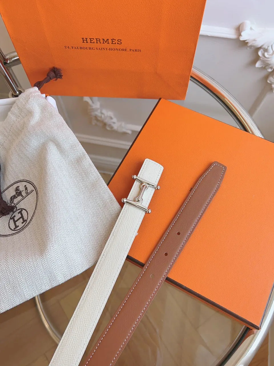 Hermes White Leather Belt Silver Buckle - Hình 2