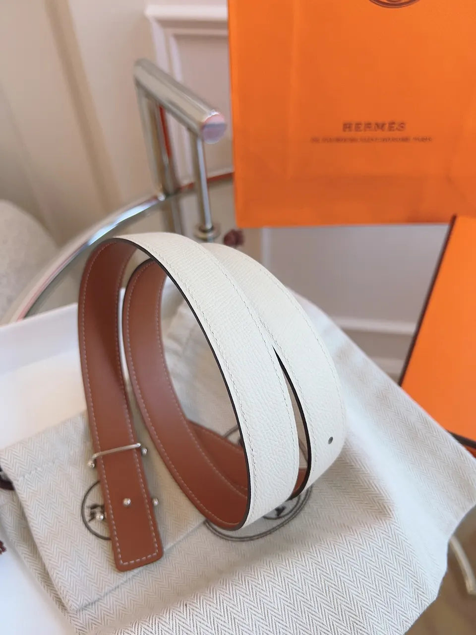 Hermes White Leather Belt Silver Buckle - Hình 4