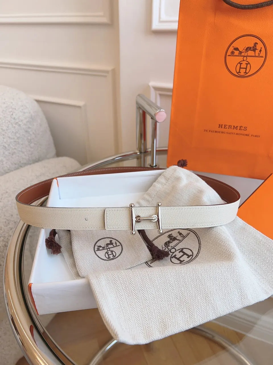 Hermes White Leather Belt Silver Buckle - Hình 5