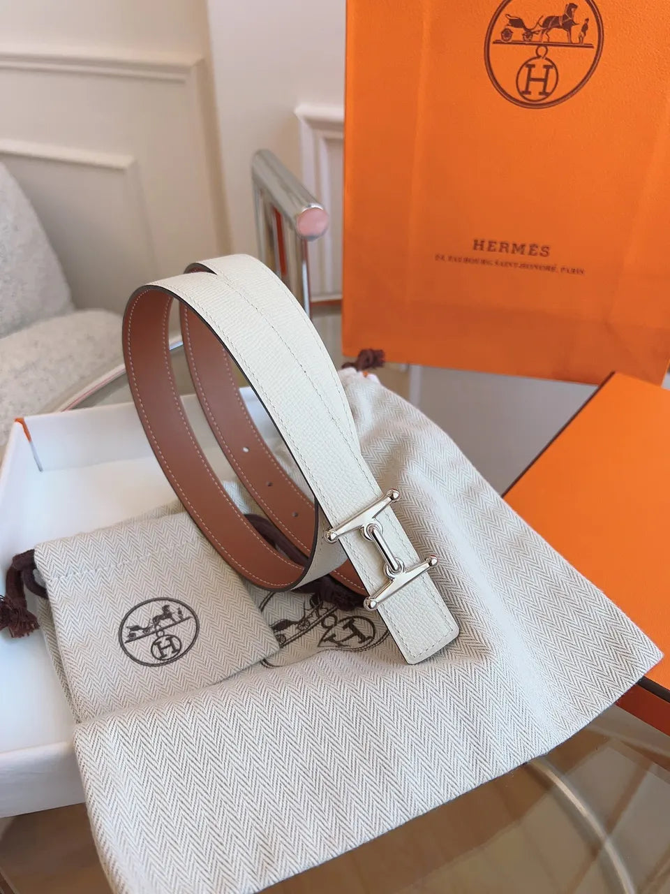 Hermes White Leather Belt Silver Buckle - Hình 6