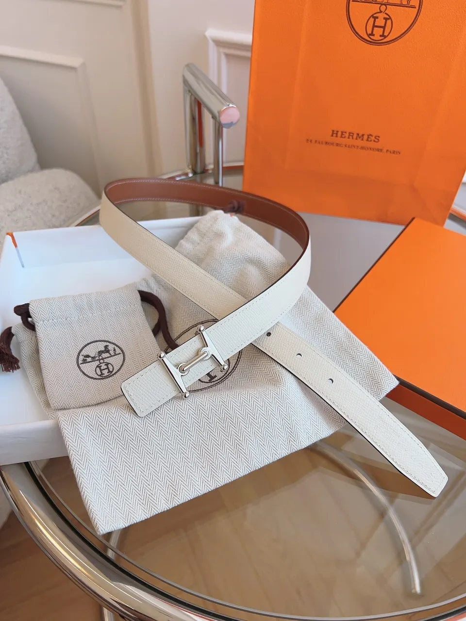 Hermes White Leather Belt Silver Buckle - Hình 7