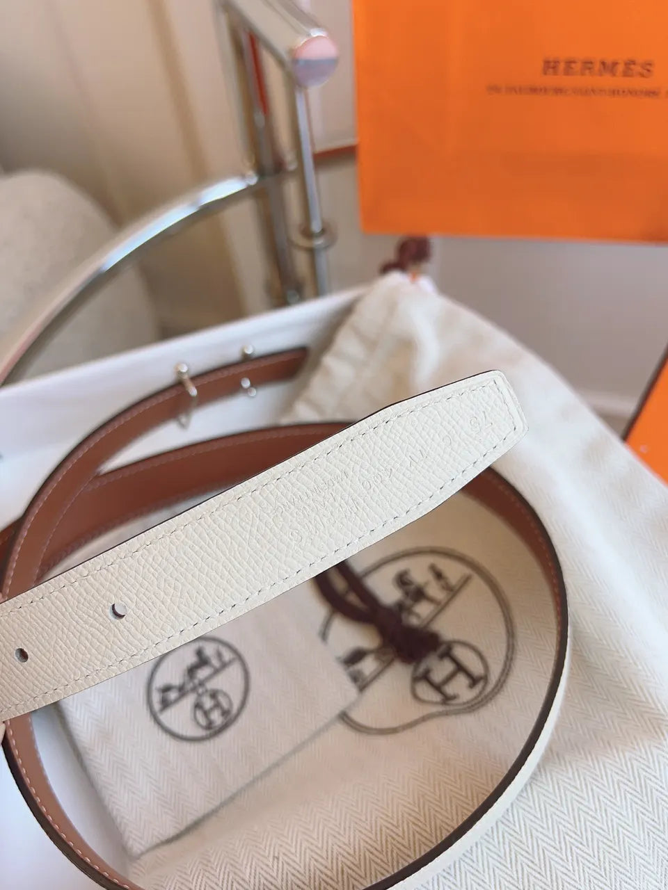 Hermes White Leather Belt Silver Buckle - Hình 8