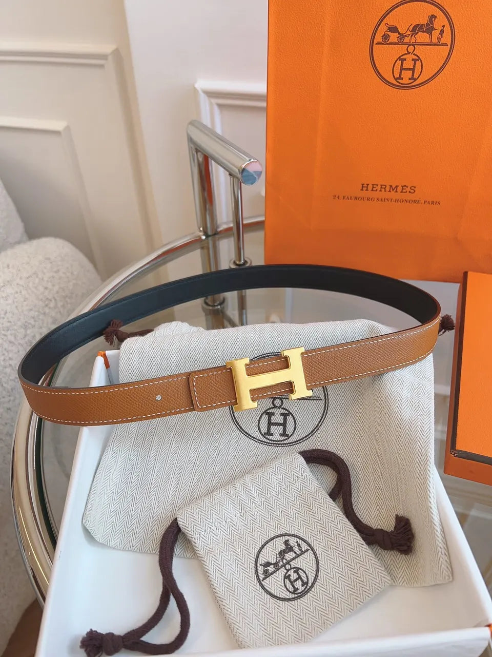 Hermes Tan Reversible Leather Belt - Hình 4