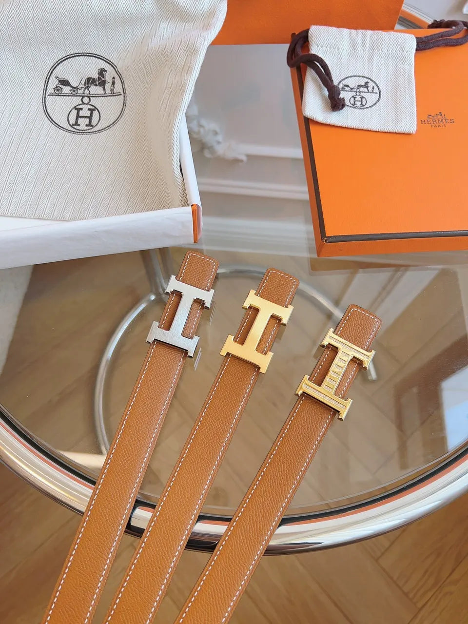 Hermes Tan Reversible Leather Belt - Hình 8