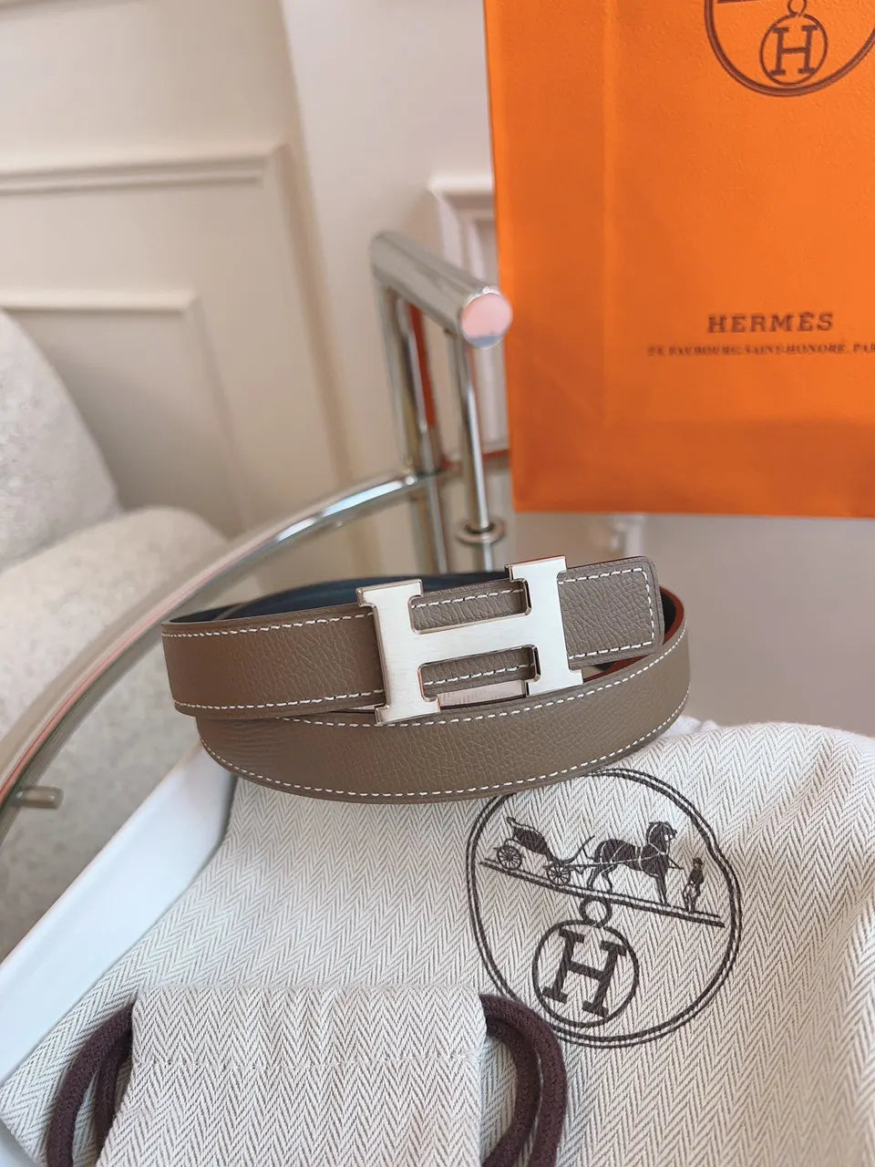 Hermes Dove Gray Leather Belt