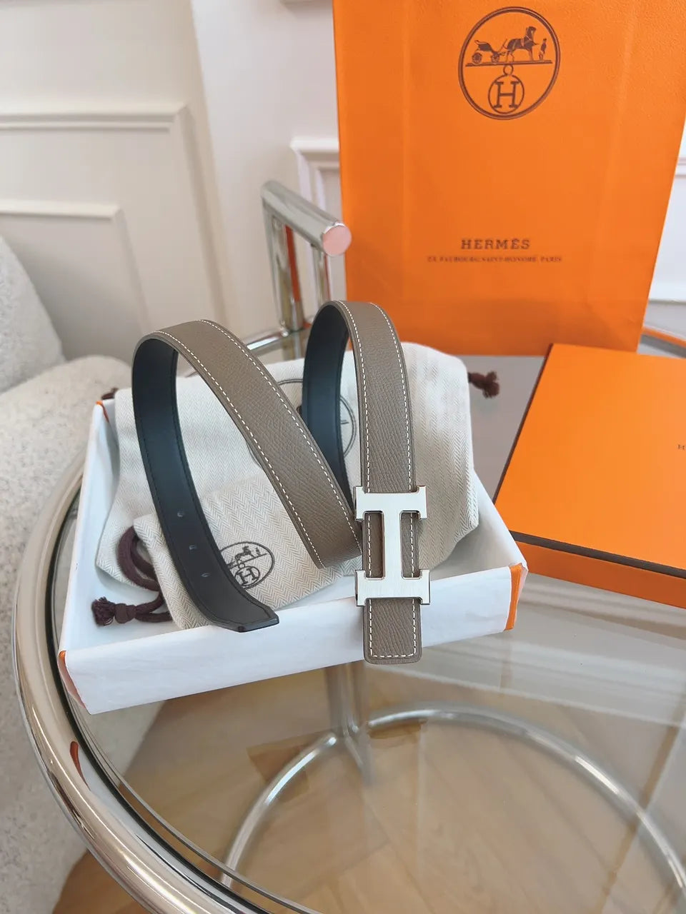 Hermes Dove Gray Leather Belt - Hình 6