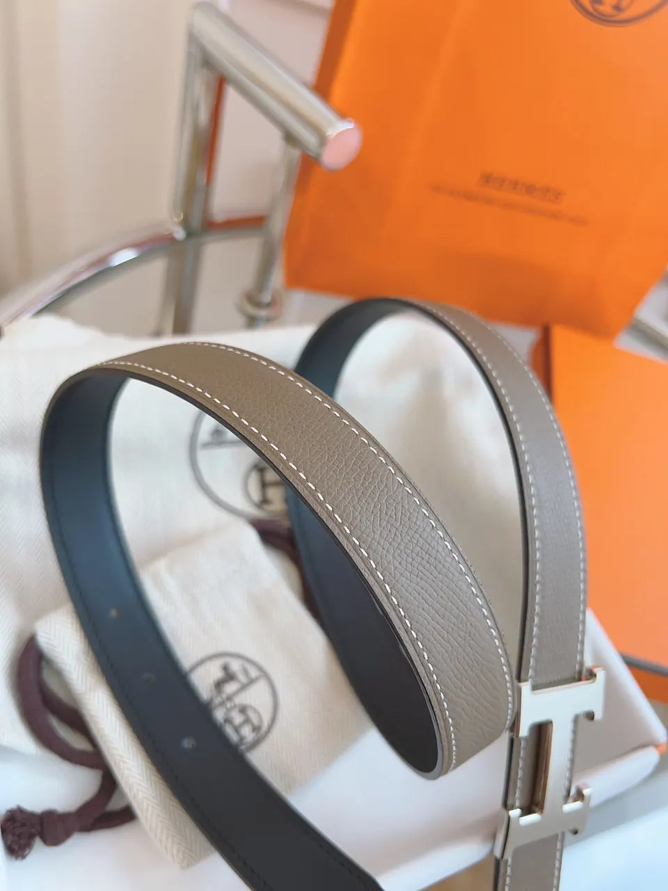 Hermes Dove Gray Leather Belt - Hình 7