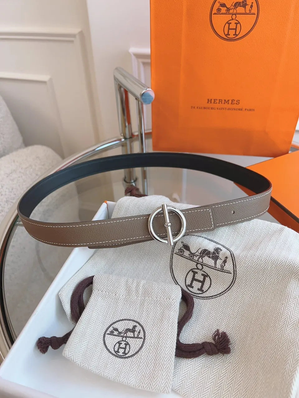 silver Hermes Etoupe Leather Belt - Hình 3