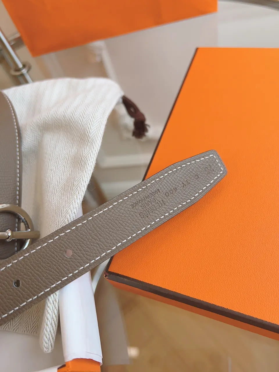 silver Hermes Etoupe Leather Belt - Hình 5
