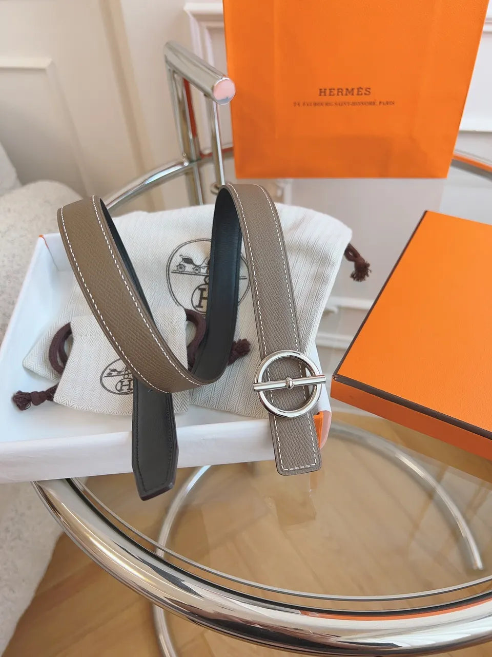 silver Hermes Etoupe Leather Belt - Hình 6