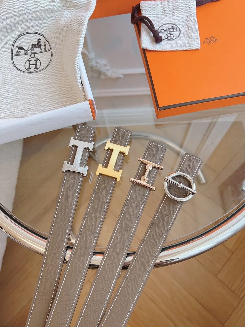silver Hermes Etoupe Leather Belt - Hình 8