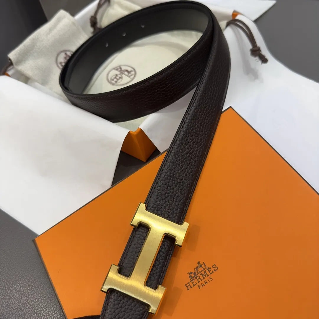 gold Hermes Dark Brown Leather Belt